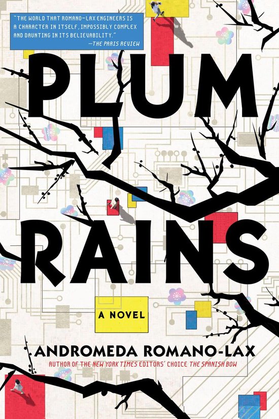 Boekcover met de titel 'Plum Rains' in grote zwarte letters, met takken en kleurrijke, abstracte patronen.
