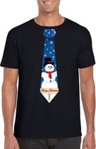 Zwart kerst T-shirt voor heren - Sneeuwpoppen stropdas print S