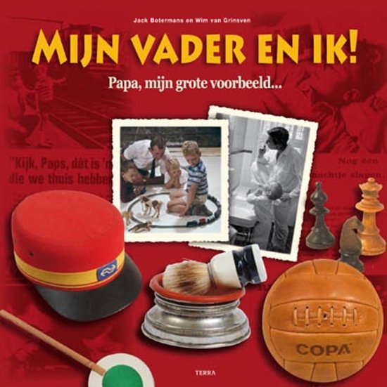 Boekomslag 'Mijn vader en ik' met rode pet, scheerkwast, schaakstukken en voetbal.