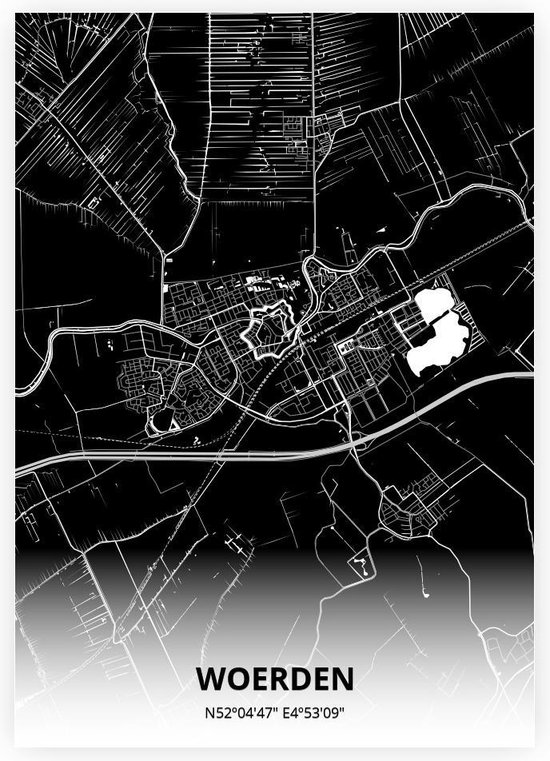 Woerden plattegrond - A3 poster - Zwarte stijl