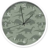 Dinosaurus klok - 30 cm - groen - witte rand - zwarte wijzers