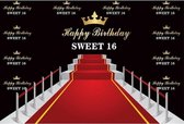 Verjaardag - Versiering - Wanddoek - Banner van Polyester - 120cm (Breed) x 80cm (Hoog) - Sweet Sixteen - 16 jaar - Rode loper