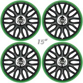 Wieldoppen ORDEN-BGR 15 inch satijn-zwart/groene rand (set a 4 stuks in doos)