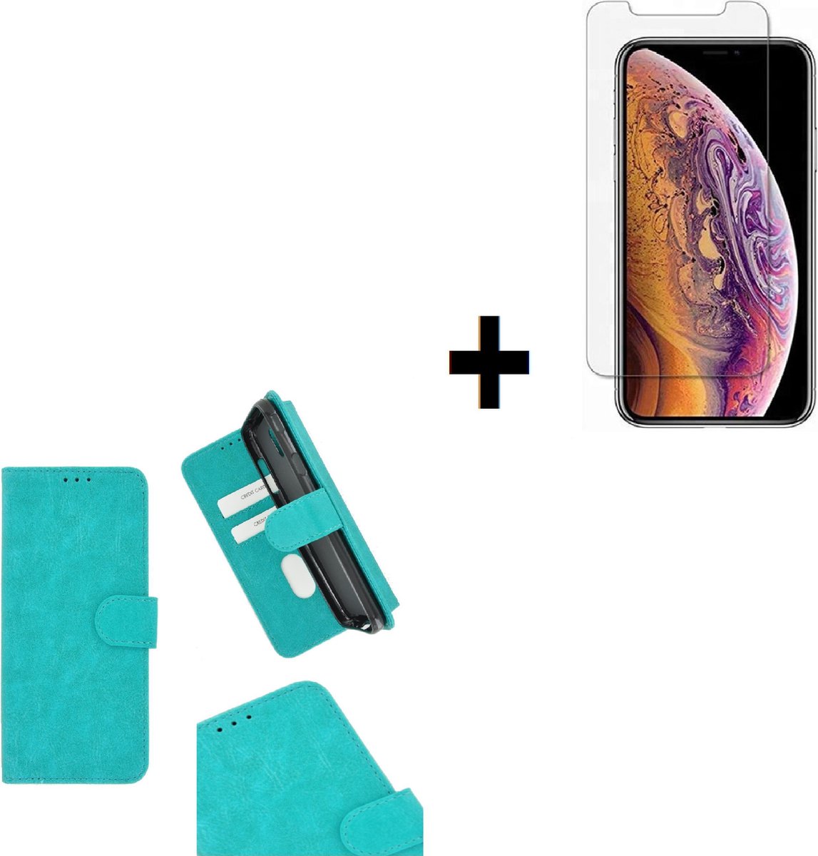 Geschikt voor iPhone 11 Pro Max Hoes Cover Wallet Book Case Turquoise + Screenprotector Tempered Gehard Glas