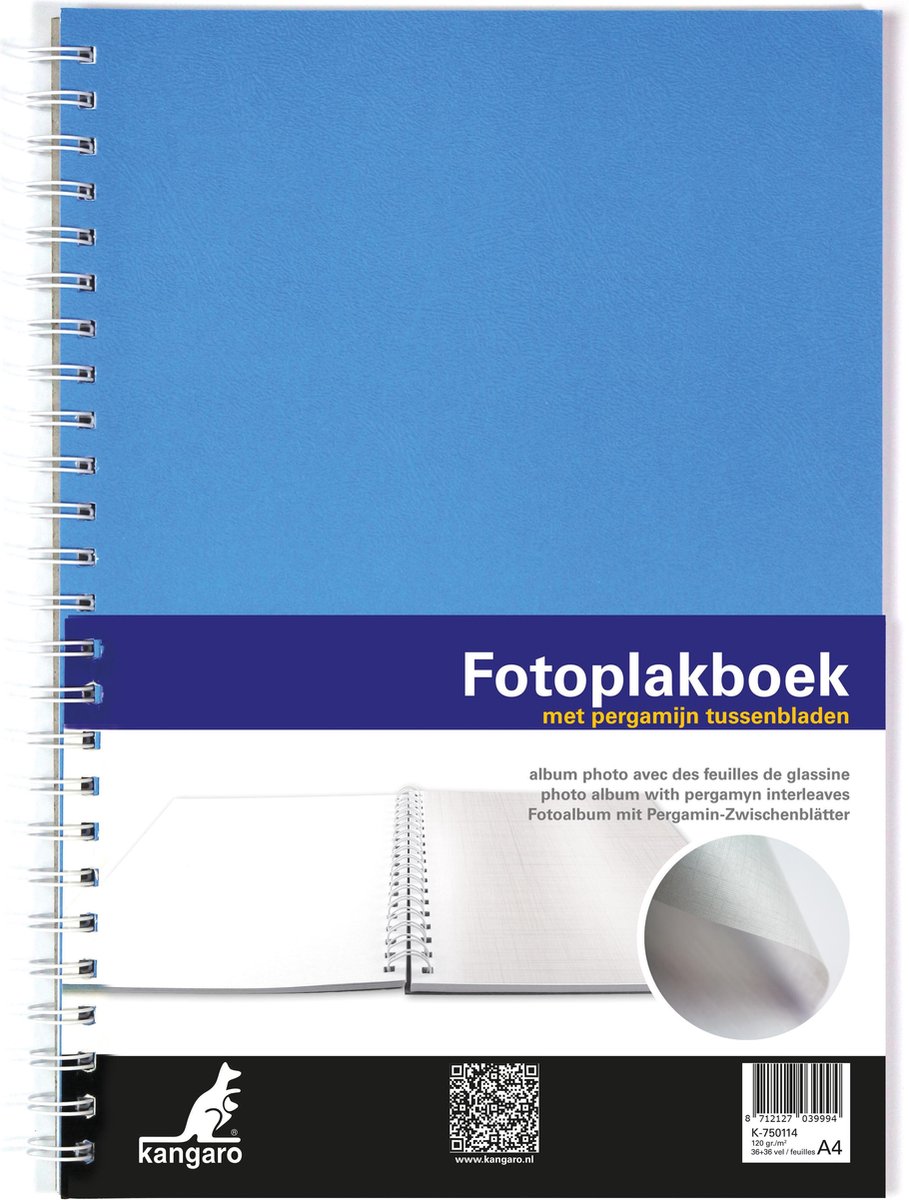 Fotoplakboek Kangaro 33x23cm Met Pergamijnvellen, 36 Vel Wit 120grs Voorkant Zwart