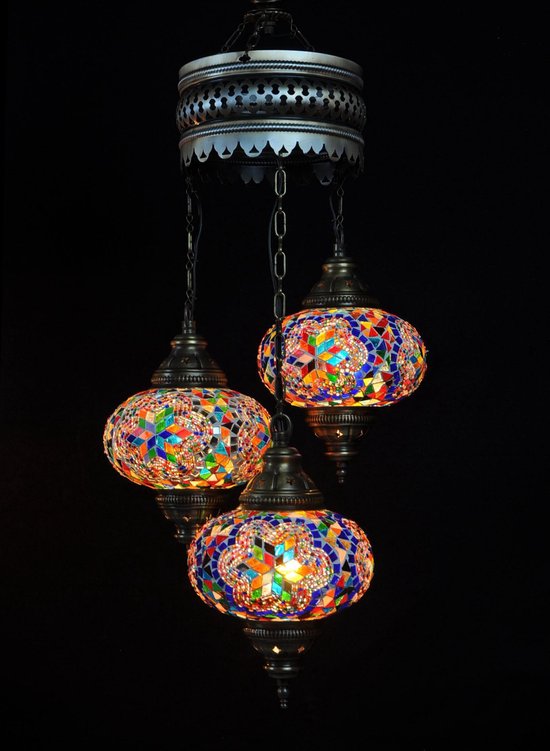 Lampe à suspension - multicolore - verre - mosaïque - lampe turque - lampe orientale - lustre - 3 boules