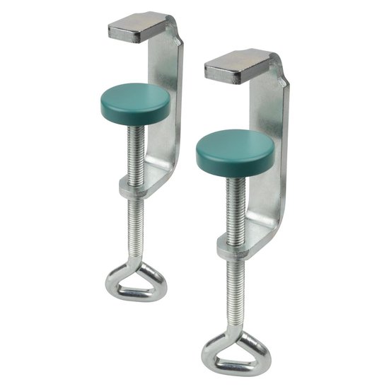 Twee zilverkleurige C-klemmen met groene ronde schijf en schroefdraad.