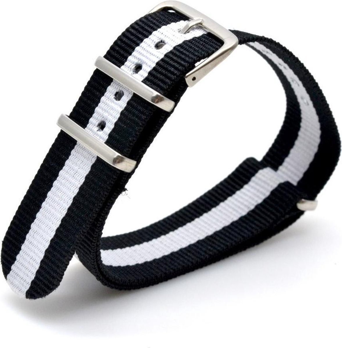 Premium Black White - Nato strap 24mm - Horlogeband Zwart Wit