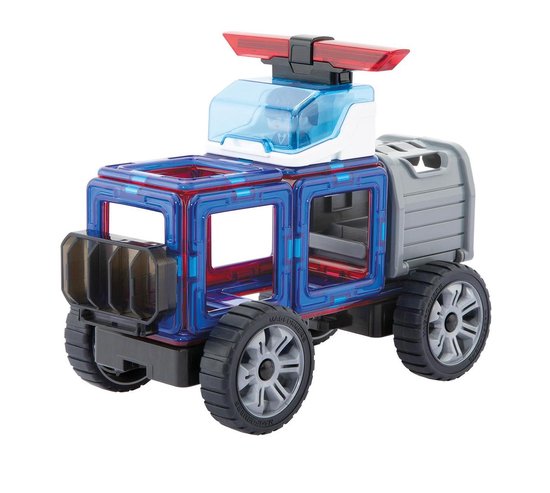 Gedetailleerd magnetisch politie-voertuig van Magformers met blauwe cockpit en zwarte wielen.
