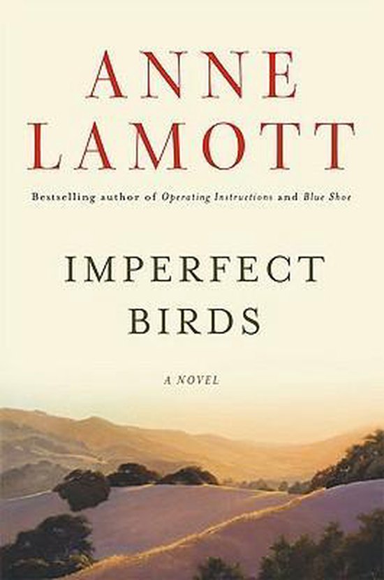 Livre "Imperfect Birds" par Anne Lamott, avec une peinture de collines ondulantes au coucher du soleil sur la couverture.