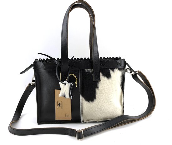Mini sac cabas en cuir de vache avec manche long noir et blanc Van Fiel / Lina Leather
