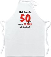 Schort - Het duurde 50 jaar - (Sarah - Abraham) - leuke keuken- of barbecueschort - 100 % katoen - wit