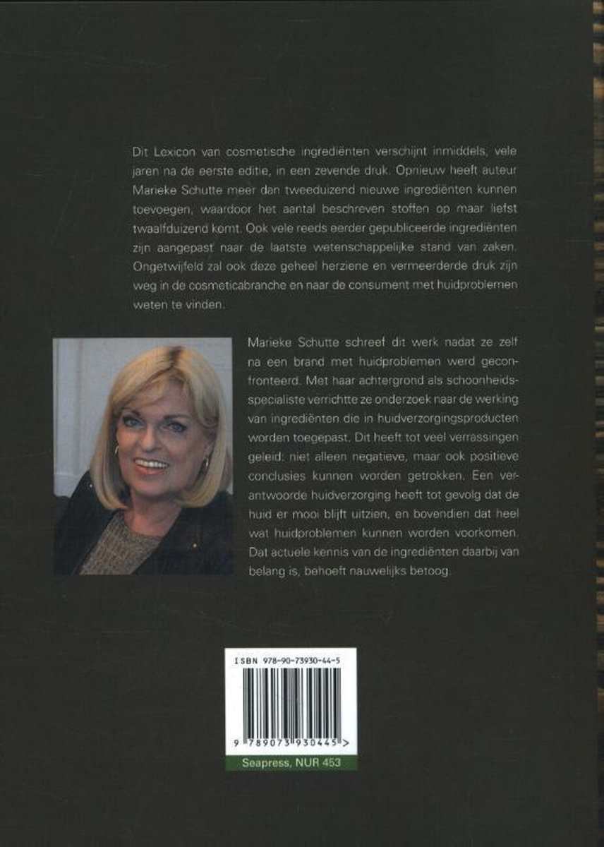 Achterkant boek met tekst en foto van Marieke Schutte. ISBN: 9789073930445.