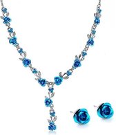 Sieraden Set met Roosjes - Blauw (Ketting & Oorbellen)