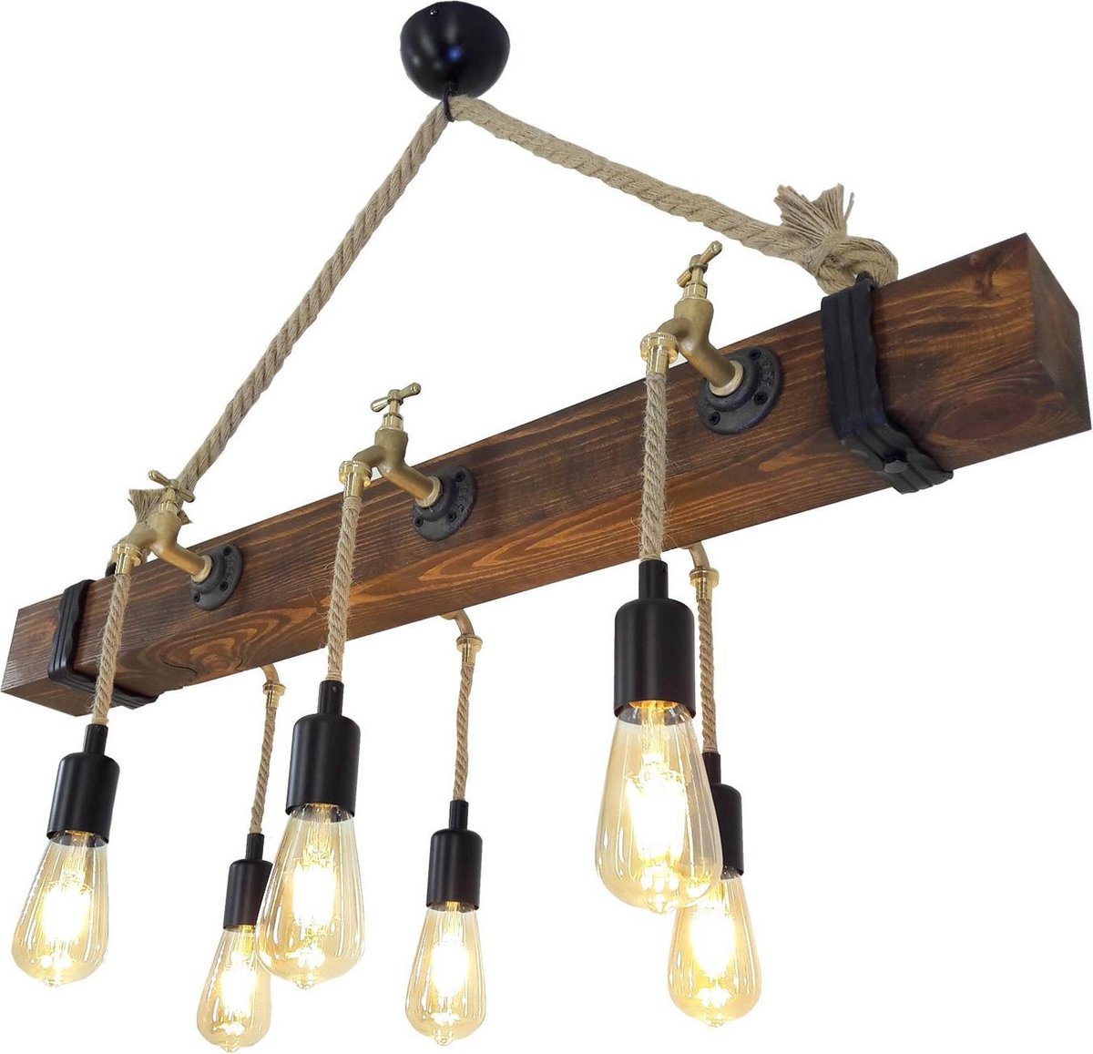 Fienzi - Hanglamp met Houten Balk, Touw en Kranen | 6 Lampen, Robuust  Design |... | bol.com