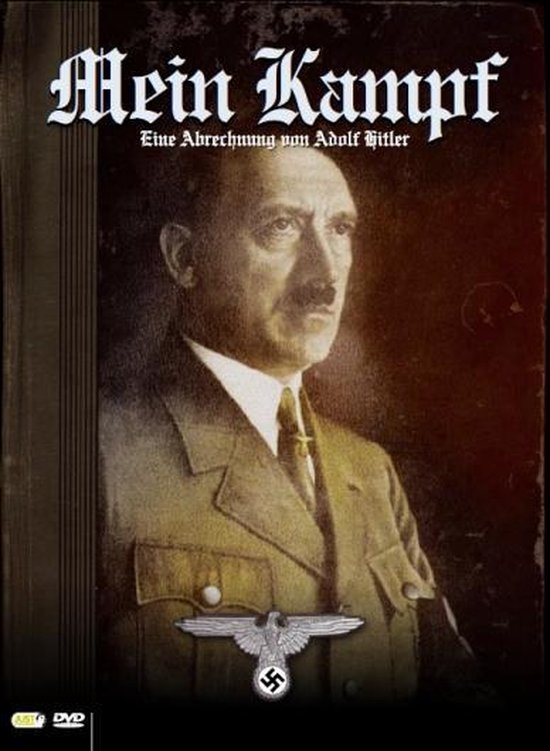Boekomslag van Mein Kampf met Adolf Hitler en een adelaar met hakenkruis.