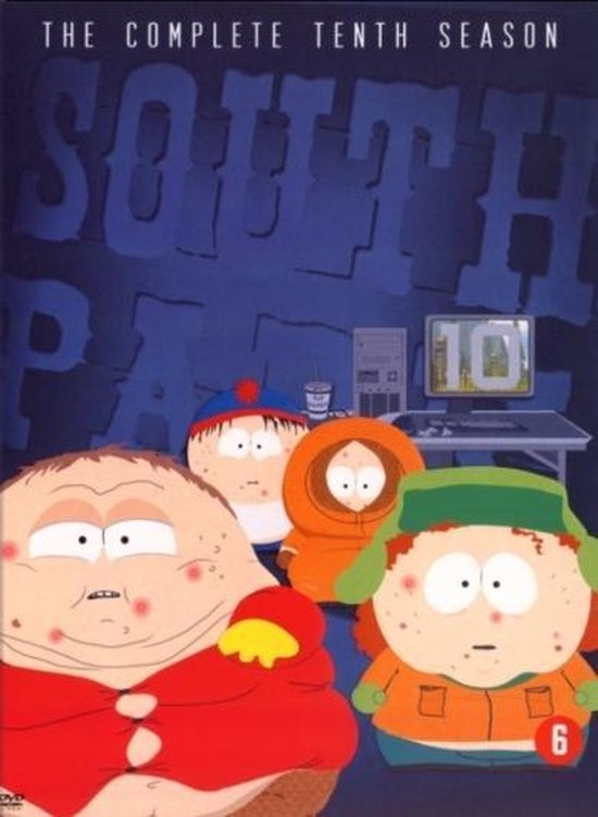 De complete tiende seizoen dvd-hoes van South Park, met Cartman, Kenny, Kyle en een dikke jongen met een rood strikje.