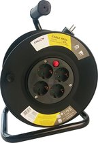CHACON beugelhaspel 25m zwarte kabel op rol plus beugel met 4 randaarde-stopcontacten met thermische beveiliging, max 2300 Watt belastbaar