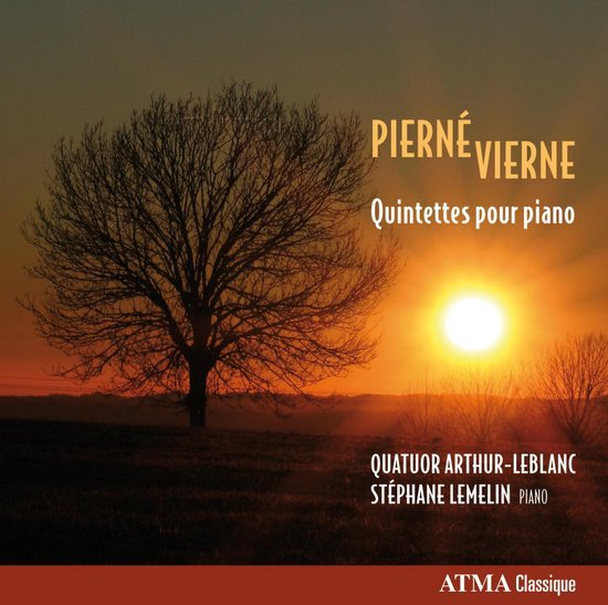 CD-hoes van Pierné Vierne Quintettes pour piano met een zonsondergang en een eenzame boom.