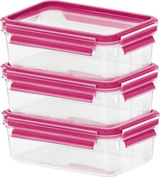 Emsa Clip & Close Colour 3-piece set of food storage containers 0.55 litres, transparent/raspberry