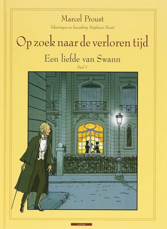 Een man in nette kleding met hoge hoed en wandelstok staat voor een herenhuis, kijkend naar twee personen door een raam.