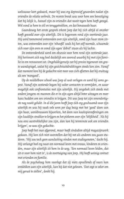Een pagina uit een boek met een verhaal over een persoon met BDD en zijn relatie.