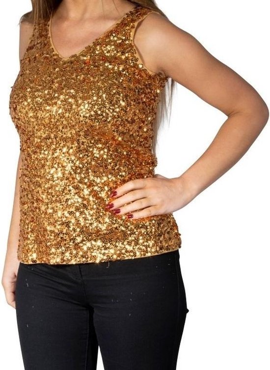 bol.com | Gouden glitter pailletten disco topje/ hemdje/ mouwloos shirt  dames - Gouden glitter...