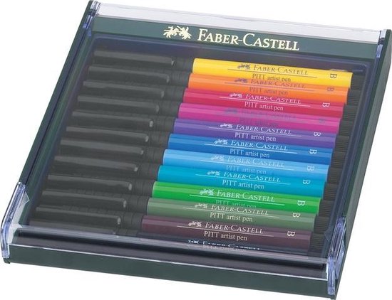 Faber-Castell Pitt Artist Pen set met 12 kleuren: geel, oranje, roze, paars, blauw, groen en bruin.