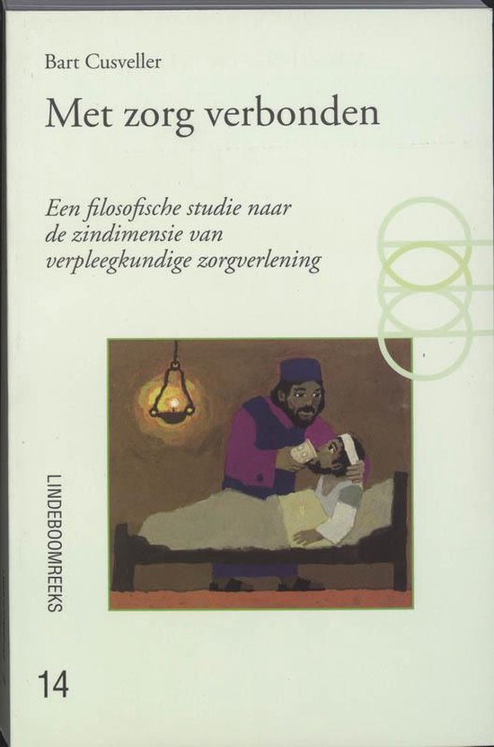 Boek 'Met zorg verbonden', een filosofische studie naar de zindimensie van verpleegkundige zorgverlening. Illustratie van een man die zorg draagt voor een zieke man in bed.
