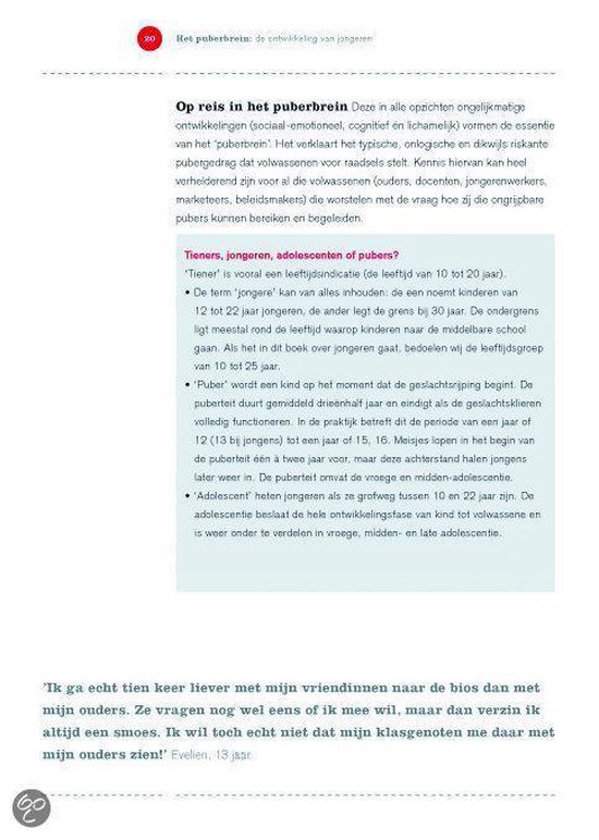 Tekstpagina met kop "Op reis in het puberbrein" en een lichtblauwe kader met informatie.