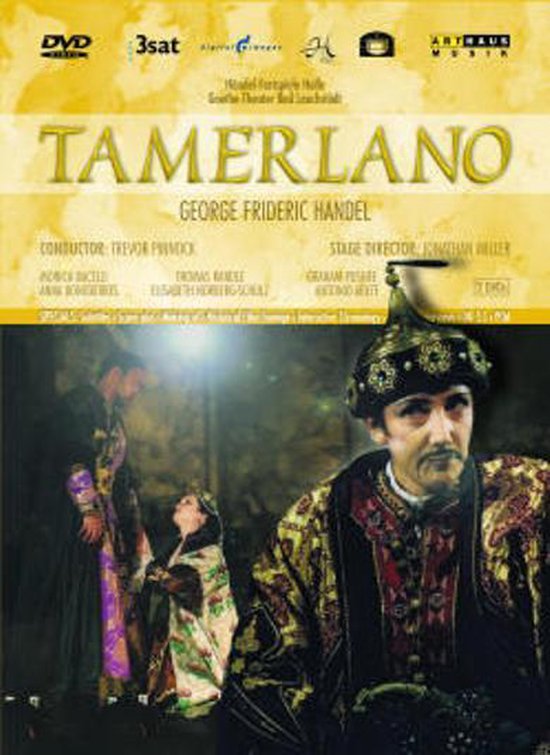DVD hoes met een scène uit de opera Tamerlano. Mannen in historische kostuums.