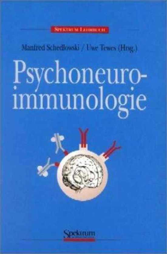 Boek 'Psychoneuroimmunologie' met een afbeelding van een brein in een cirkel, verbonden met kabels.