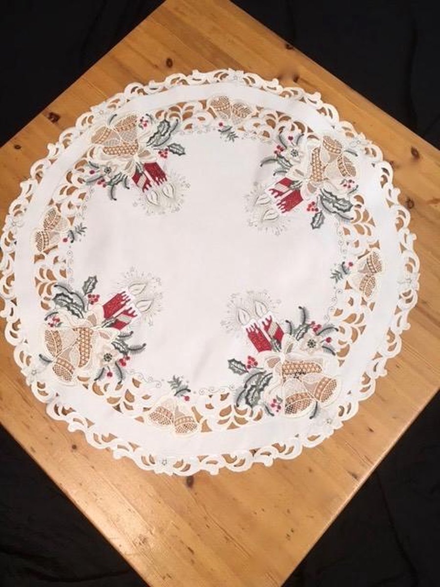Kerstkleed- Creme met rode kaarsen en bel- Rond 85 cm - 8675R – foto 2