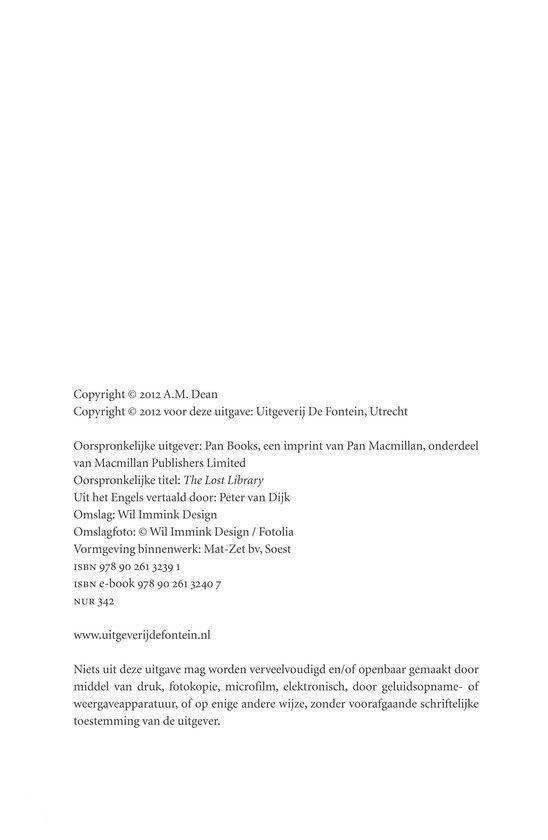 Colofon: Copyright © 2012 A.M. Dean, De Fontein Utrecht. ISBN en website.