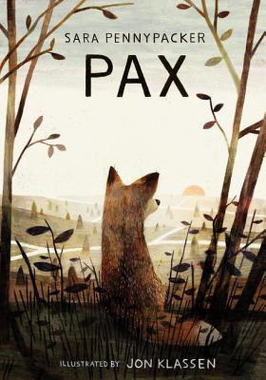Boekomslag van Pax, met een vos die naar een zonsopgang kijkt te midden van bomen en gras.