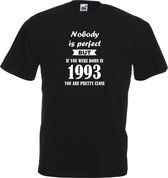 Mijncadeautje - Unisex T-shirt - Nobody is perfect - geboortejaar 1993 - zwart - maat M