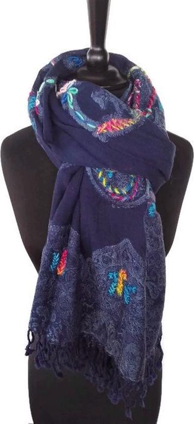 Wollen winter dames sjaal - donker blauw - blauw - turkoois - geel - roze -  70 x 180 cm | bol
