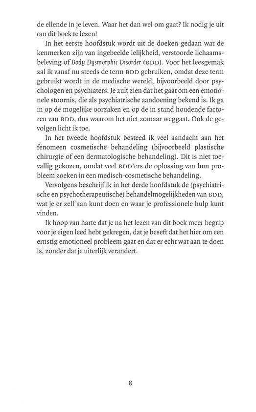 Een pagina uit een boek die de kenmerken van BDD en mogelijke behandelingen bespreekt.
