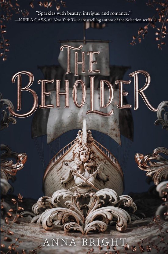 Couverture du livre 'The Beholder' par Anna Bright, avec un navire et des décorations sculpturales.