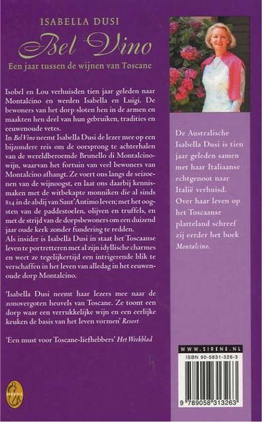 Achterkant boek 'Bel Vino' van Isabella Dusi met foto van auteur en een vrouw in de wijngaard.