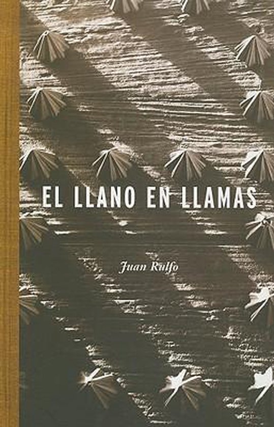 Boek 'El Llano en Llamas' van Juan Rulfo, met een sepia-getinte omslag van rijen paraplu's.