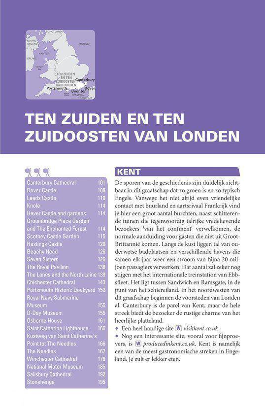 Kaart van Zuid-Engeland met de titel 'TEN ZUIDEN EN TEN ZUIDOOSTEN VAN LONDEN', met een lijst van plaatsen en een tekst over Kent.