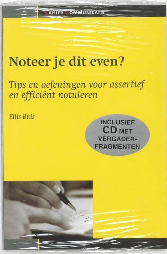 Boekomslag met de titel 'Noteer je dit even?'. Gele kaft met zwarte tekst en een afbeelding van een hand die schrijft. Inclusief CD.
