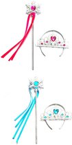 Prinses roze blauw accessoire set kroon en staf - 2 x set