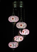 Hanglamp - roze - glas - mozaïek - Turkse lamp - oosterse lamp - kroonluchter - 5 bollen