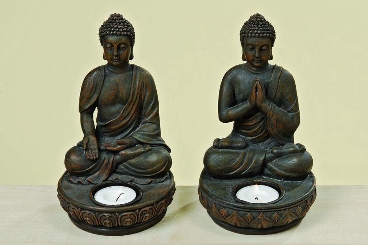 Boedha - Waxinehouder - 2 set - Bruin - 19 cm