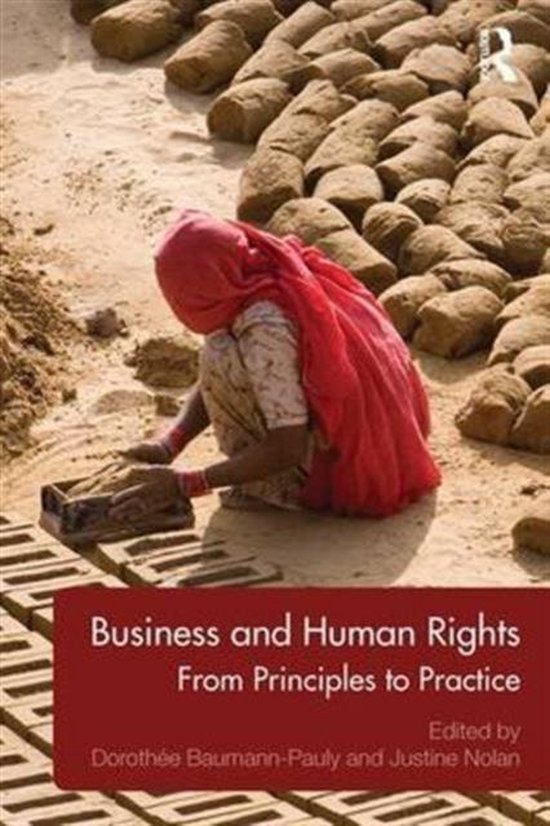 Une femme portant un foulard rouge travaille dans une briqueterie, entourée de briques. Le titre est 'Business and Human Rights From Principles to Practice'.
