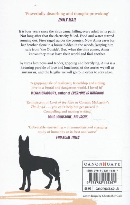 Achterkant van het boek "Anna" met tekst over het verhaal en een silhouet van een hond.