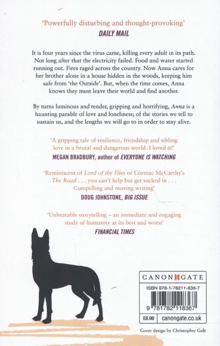 Achterkant van het boek "Anna" met tekst over het verhaal en een silhouet van een hond.