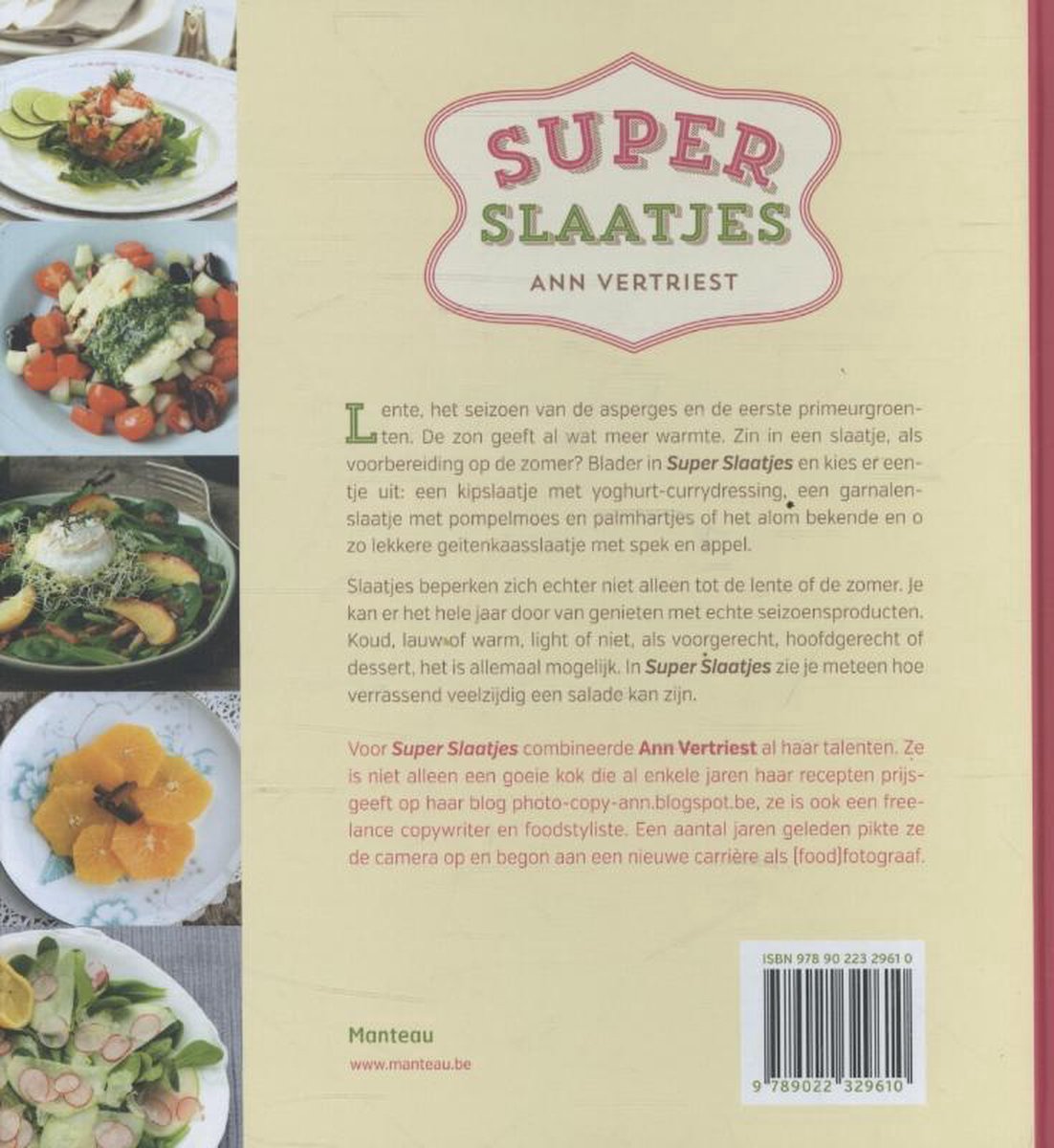 Boek "Super Slaatjes" van Ann Vertriest met foto's van diverse salades, met o.a. sinaasappelpartjes.